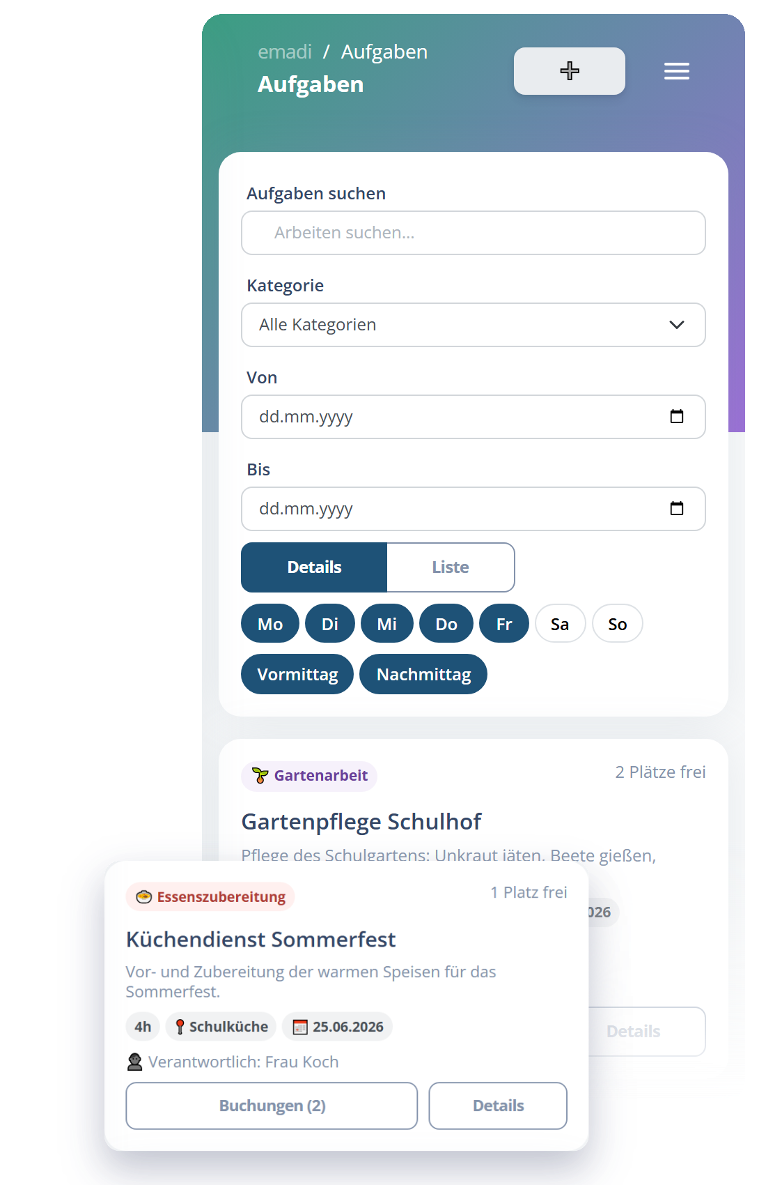 Screenshot emadi Aufgabenübersicht mit Filtermöglichkeiten, Aufgabenstatus und Buchungsoptionen